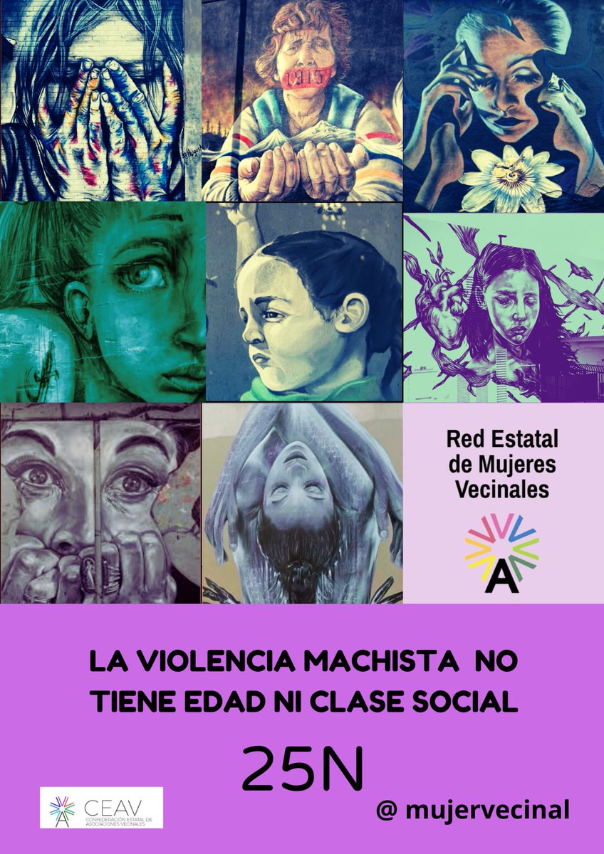 CAVE C-LM (@caveclm) on Twitter photo Este próximo 25N, nos unimos a las reivindicaciones de nuestras compañeras de la Red Estatal <a href="/MujerVecinal/">Red Estatal de Mujeres Vecinales</a> de la que formamos parte.
LA VIOLENCIA MACHISTA NO TIENE EDAD, NI CLASE SOCIAL.
#mujeresvecinales
#25N
#diainternacionaldelaeliminaciondelaviolenciacontralamujer Este próximo 25N, nos unimos a las reivindicaciones de nuestras compañeras de la Red Estatal <a href="/MujerVecinal/">Red Estatal de Mujeres Vecinales</a> de la que formamos parte.
LA VIOLENCIA MACHISTA NO TIENE EDAD, NI CLASE SOCIAL.
#mujeresvecinales
#25N
#diainternacionaldelaeliminaciondelaviolenciacontralamujer