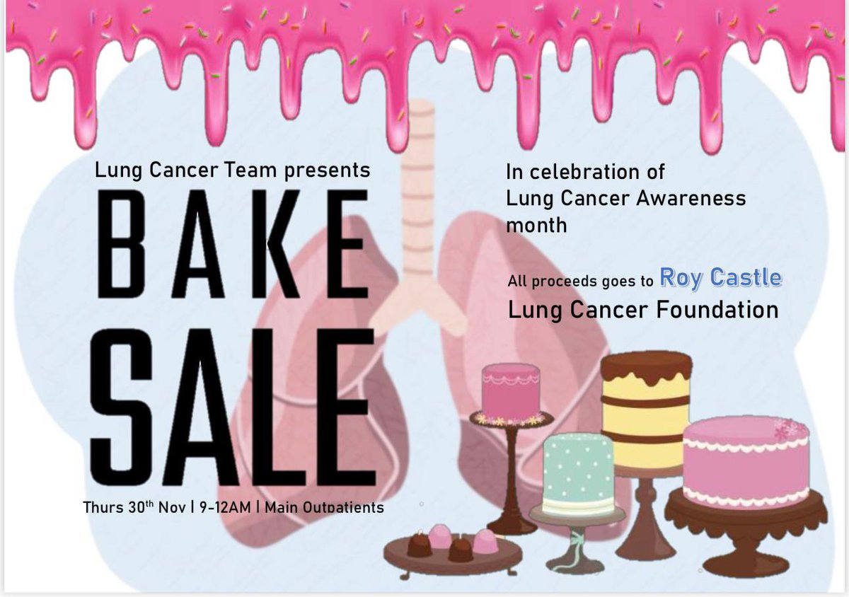 NUHLungCancer Nurses (@nuh_lcns) on Twitter photo To conclude national lung cancer awareness month we are doing a cake sale! (Details below) 🍰🧁🥮🎂
Money raised will be going to a good cause <a href="/Roy_Castle_Lung/">Roy Castle Lung Cancer Foundation</a> vital support for our patients.
<a href="/NUHNursing/">NUH Nursing</a> <a href="/JenParrish_CNS/">jennifer parrish</a> <a href="/NUH_Respiratory/">NUHRespiratory</a> To conclude national lung cancer awareness month we are doing a cake sale! (Details below) 🍰🧁🥮🎂
Money raised will be going to a good cause <a href="/Roy_Castle_Lung/">Roy Castle Lung Cancer Foundation</a> vital support for our patients.
<a href="/NUHNursing/">NUH Nursing</a> <a href="/JenParrish_CNS/">jennifer parrish</a> <a href="/NUH_Respiratory/">NUHRespiratory</a>