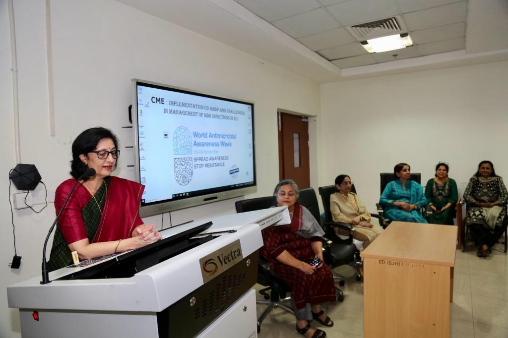 During ongoing WAAW 2023, CME on “Surgical antibiotic Prophylaxis”and “Implementation of AMSP in ICU” organized by Dept of Microbiology, Surgery and ICUs emphasizing rational use of antibiotics. Occasion was graced by Dr V Talwar, MS, SJH , Addl MS Dr J Mani & Dr V Chakraborty