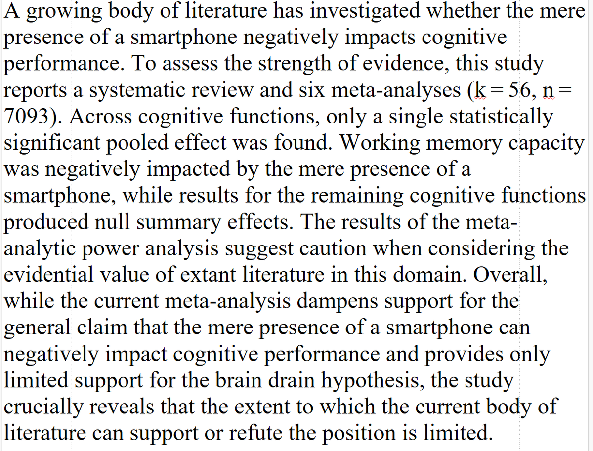 Meta-analysis: The mere presence of a smartphone does not make you dumber. tandfonline.com/doi/abs/10.108…