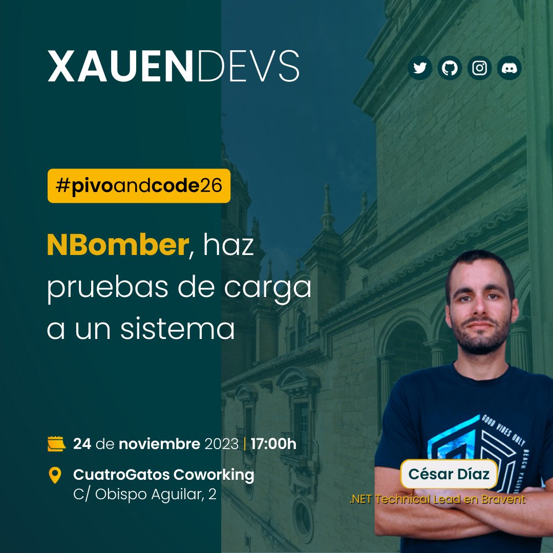 xauendevs's tweet image. 🚨 Hoy es día de #pivoandcode!!
Un poquito de pruebas de carga con NBomber a quien no le va gustar... a quien no le va a gustar??
Y recuerda que no es la hora habitual!
📆 24/nov
🕔 17:00 ⬅️⬅️⬅️
📍@4GatosCoworking