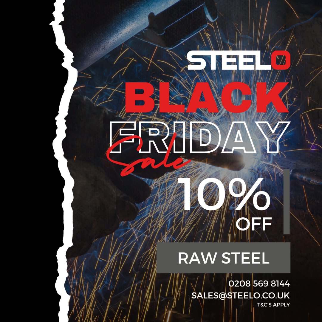 Our #BlackFriday Sale has started!

Get 10% off your raw steel price from NOW until December 1st!

Get a free quote today:

Sales@steelo.co.uk
0208 569 8144

#WEARESTEELO #London #Construction #structuralsteel #Steel #MetalFabrication #WeldingShop #Engineering #Discount