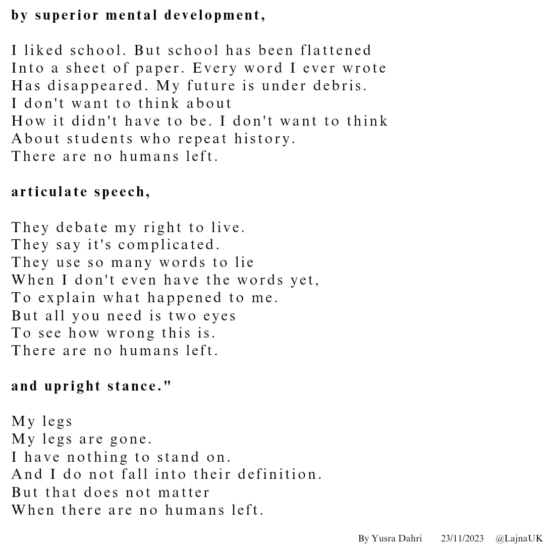 LajnaUK's tweet photo. This poem is dedicated to the Palestinians who have been dehumanised in this conflict, and treated as disposable statistics rather than human beings. 

We do not claim to speak for Palestinians, but as #voicesforpeace, we wish to highlight their perspective through this poem. https://t.co/E2zvRxR0t7