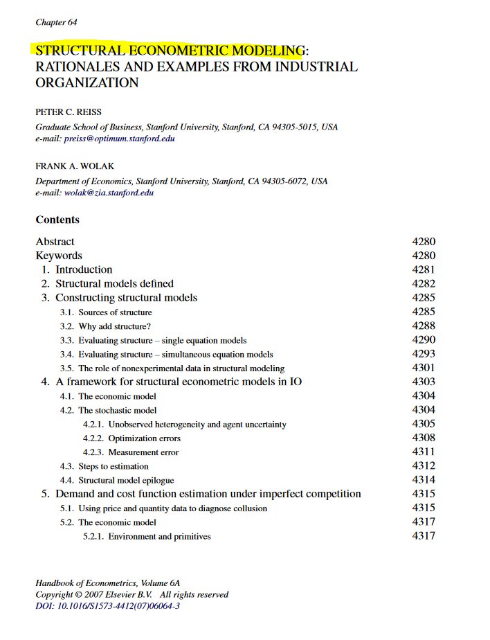 CavaliereGiu's tweet photo. Hi #EconTwitter! 

Curious about structural econometrics and the #econometrics of industrial organization? 

This survey in the Handbook of Econometrics (2007) by Peter Reiss & Frank Wolak (@stanford) is a very nice introduction to the field. Many progresses in the literature in the last 15 years, yet this work is a must read! 

Don't miss out! ⭐️

Link: https://t.co/YkoAKRWVfH