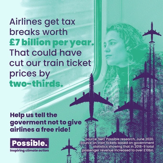 Did you know that if aviation fuel were taxed it would raise £7bn per year? If we invested this in sustainable infrastructure we could slash train fares by two-thirds, according to research by <a href="/_wearepossible/">Possible</a>. 

See more on the inequality of aviation: flightfree.co.uk/post/the-inequ…
