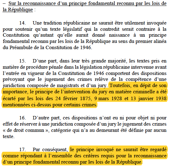 N_Hervieu's tweet photo. En particulier, le @Conseil_constit refuse de reconnaitre l'existence d'un "principe fondamental reconnu par les lois de la République" (PFRLR).

Car "en dépit de son importance, le principe de l’intervention du jury en matière criminelle a été écarté" par 3 lois républicaines. https://t.co/JDNScBMm9r