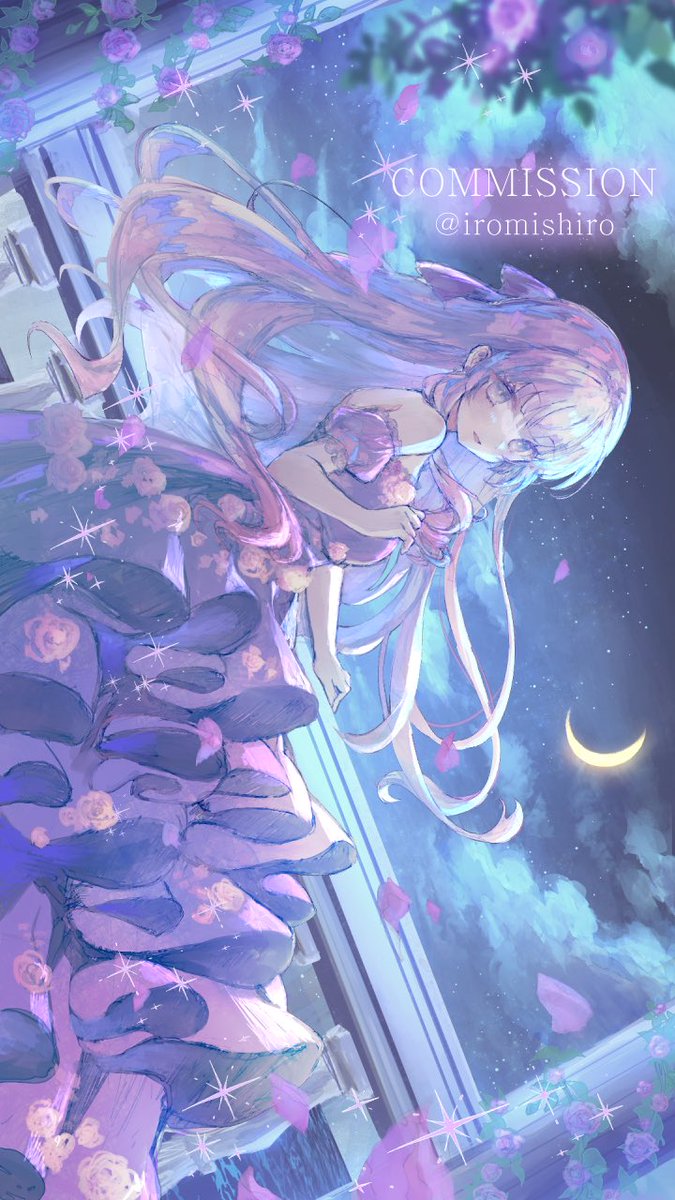 1girl crescent moon dress long hair solo night moon  illustration images