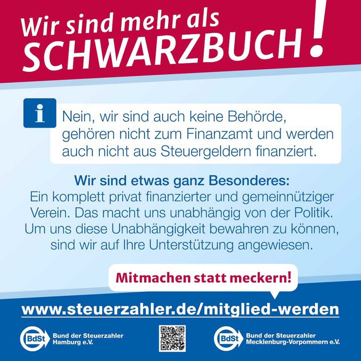 Black Friday? Cyber Monday?
Wir haben Blue BdSt! 😉
Ein Jahr Mitgliedschaft beim Bund der Steuerzahler Hamburg oder Mecklenburg-Vorpommern für 60 Euro statt 120 Euro.
#blackfriday #cybermonday #bdst #steuerzahlerhh #mitgliedwerden #mitglied #bluebdst