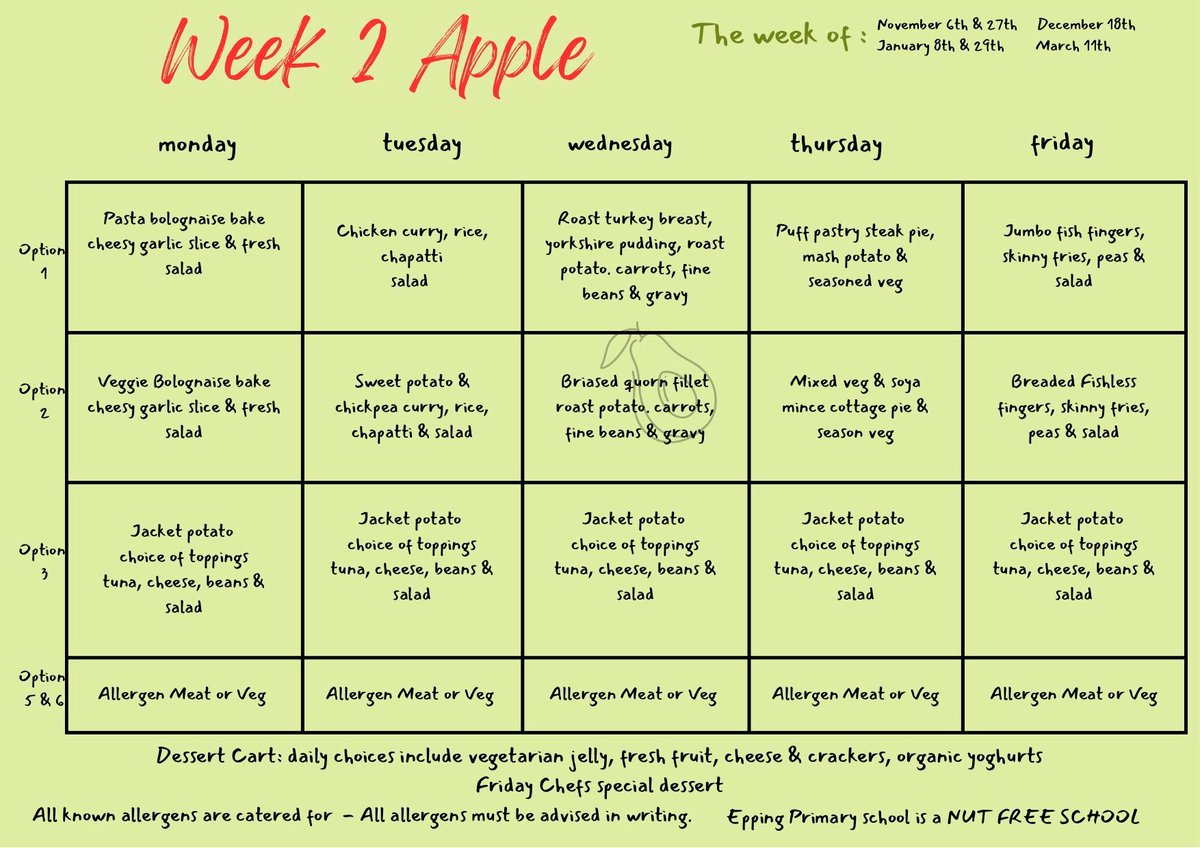 What's for lunch? Next week's menu is Week 2 Apple. Please order via Pupil Asset: buff.ly/3ZBJOan 🍎🍏