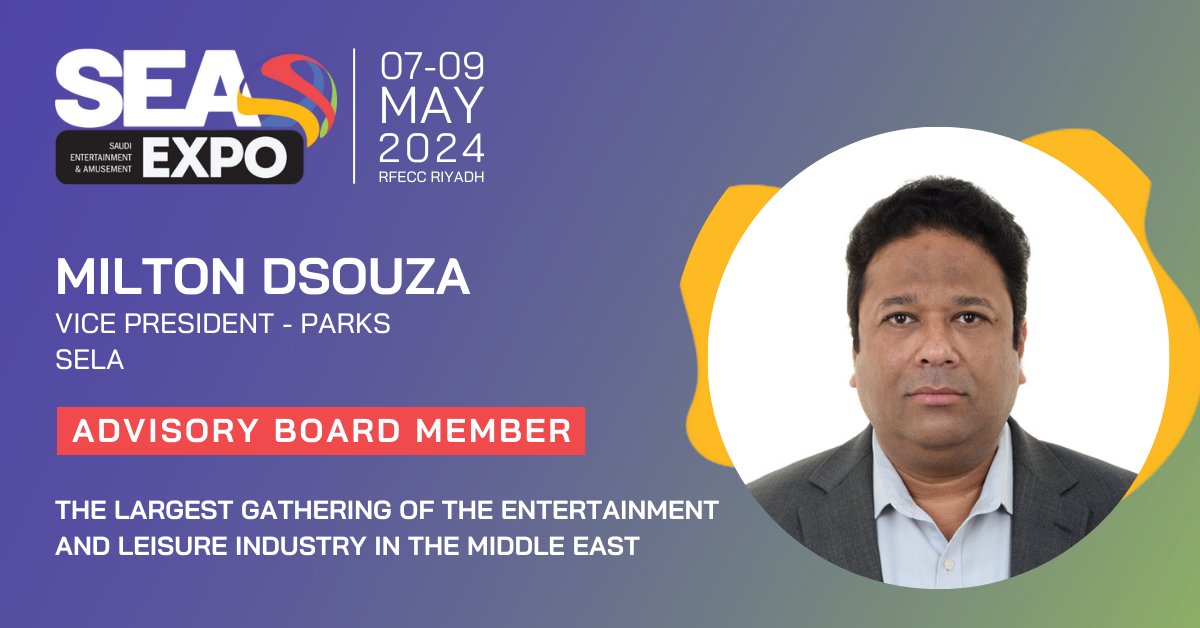 SeaSaudi's tweet photo. SEA Expo & Summit 2024 welcomes Milton Dsouza, Vice President of Parks at @Sela to our panel of industry experts.
See you at #SEAExpo, taking place from 7 – 9 May 2024 at RFECC, #Saudi Arabia.
Enquire to exhibit: https://t.co/sm2zeq5cLY
#ksa #gea #entertainmentcenter #vision30 https://t.co/RW0kBem6iN