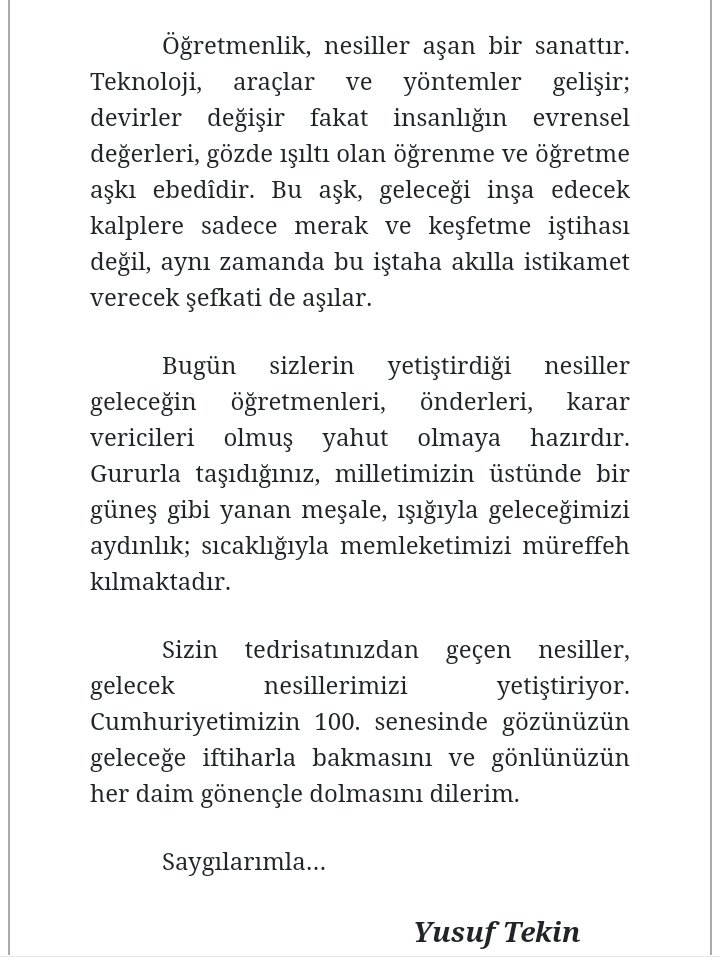 Sayın Milli Eğitim Bakanı Yusuf TEKİN'in şahsıma özel Öğretmenlik Kutlaması için teşekkür ediyorum. Çok kıymetli, çok değerli..
<a href="/Yusuf__Tekin/">Yusuf Tekin</a>