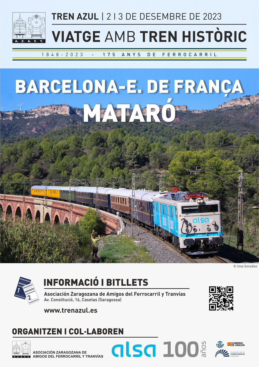 175 ANIVERSARIO DEL BARCELONA MATARÓ
Reservas: trenazul.es/verviaje.php?i…
El 28 de octubre se cumplía el 175º aniversario de la llegada del ferrocarril a la península Ibérica.

Operado por <a href="/Alsa_autobuses/">Alsa</a> 
Colaboran: <a href="/ffe_es/">Fundación de los Ferrocarriles Españoles</a> y <a href="/ajuntamentmata1/">ajuntamentmataro</a>