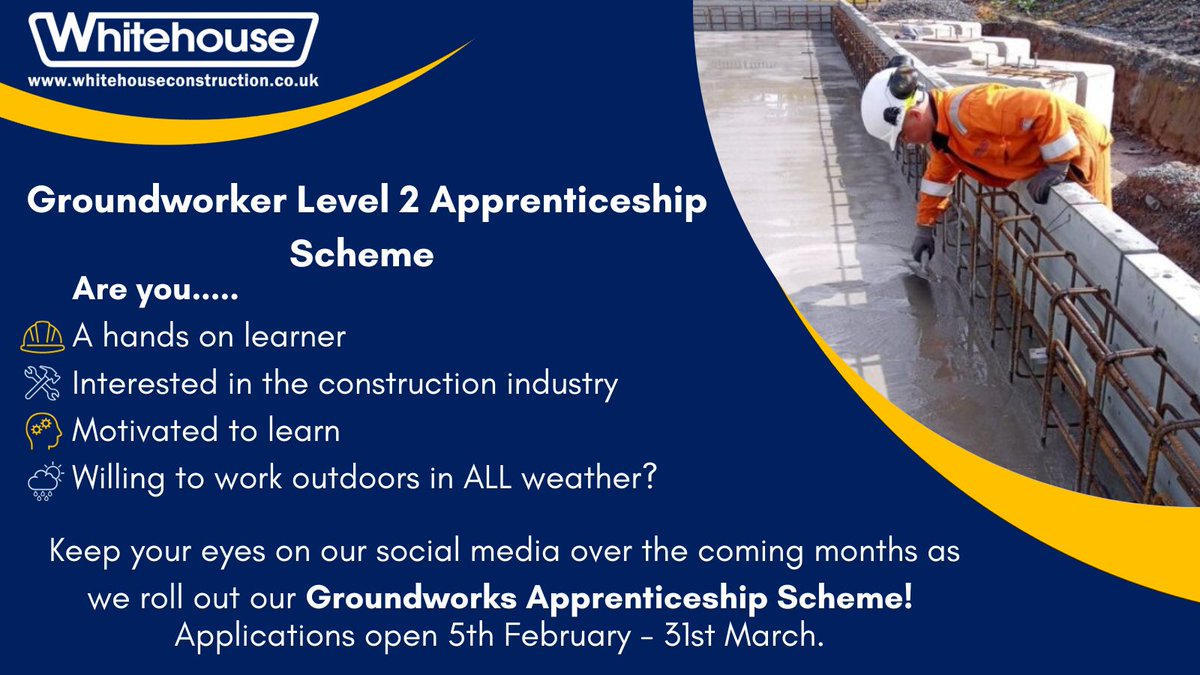 We will soon begin our search for the next generation of the construction industry. If you're leaving school in 2024 and are looking for a hands on apprenticeship, keep your eyes on our social media for further updates! #WeAreWhitehouse #Apprenticeship #FeelGoodFriday