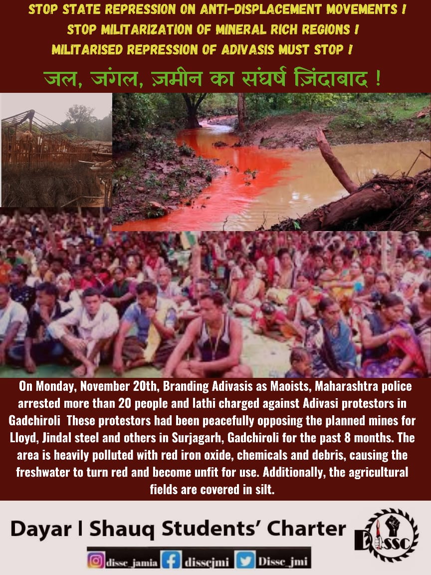 Dissc_jmi's tweet photo. Release arrested Adivasis branded as maoists immediately. Stop state repression on anti displacement movements. Stop operation SAMADHAN- Prahar. https://t.co/qEkV1lk3Vm