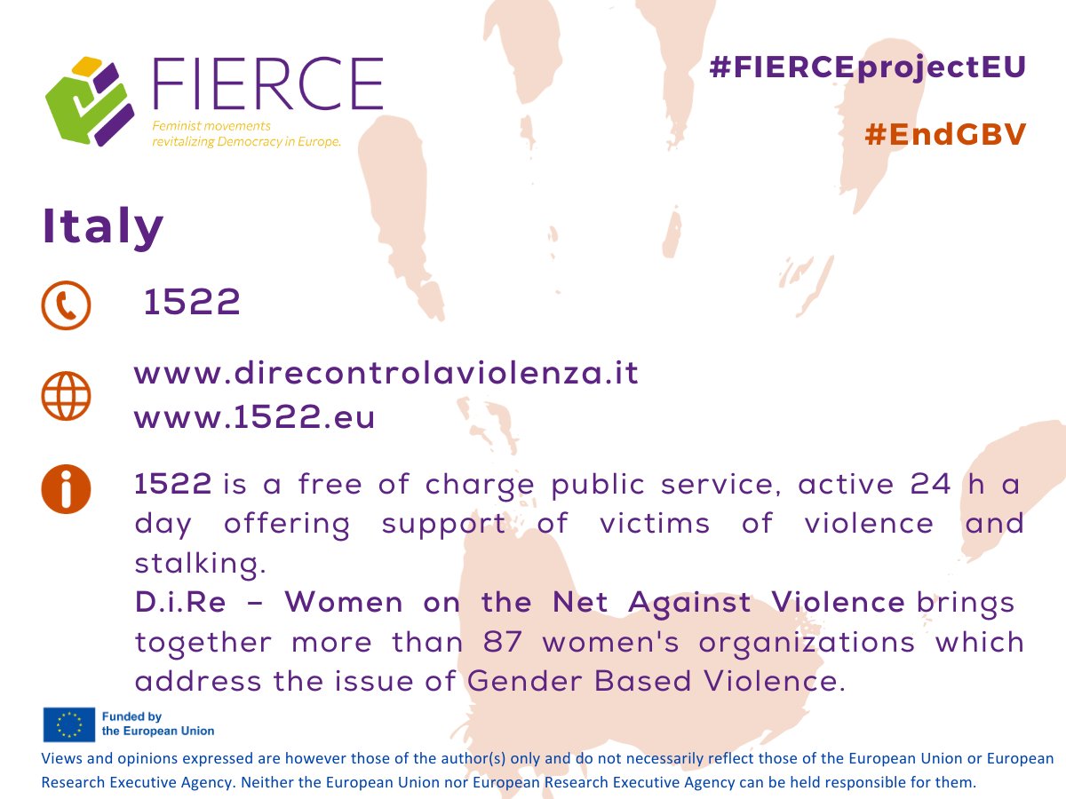 Fierceprojecteu's tweet photo. 🌟#FIERCEprojectEU countries against #GenderBasedViolence - ITALY🇮🇹
🔸 Hotline 1522 - support to victims of violence and stalking.
🔗https://t.co/iG6DbETb9b
🔸 https://t.co/n06AEDI37c – Women on the Net Against Violence
🔗 Link: https://t.co/7hrCoyeGvX
#EndGBV #gbvawareness #GBV https://t.co/G4ORnXpKDE