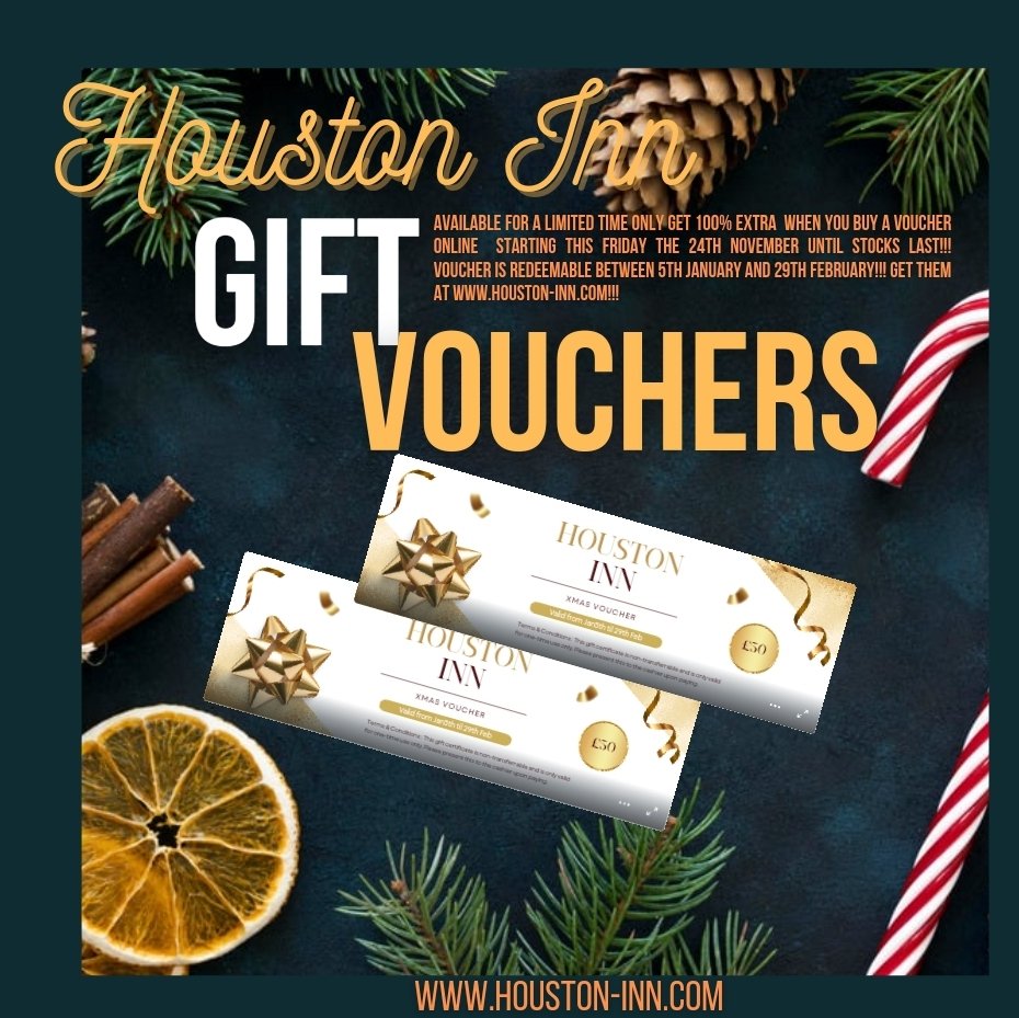 Troops my pub the houston inn is doing a special 100% extra free on gift vouchers for a limited period so if you are looking for an Xmas present go to. houston-inn.com and fill your boots. Xx