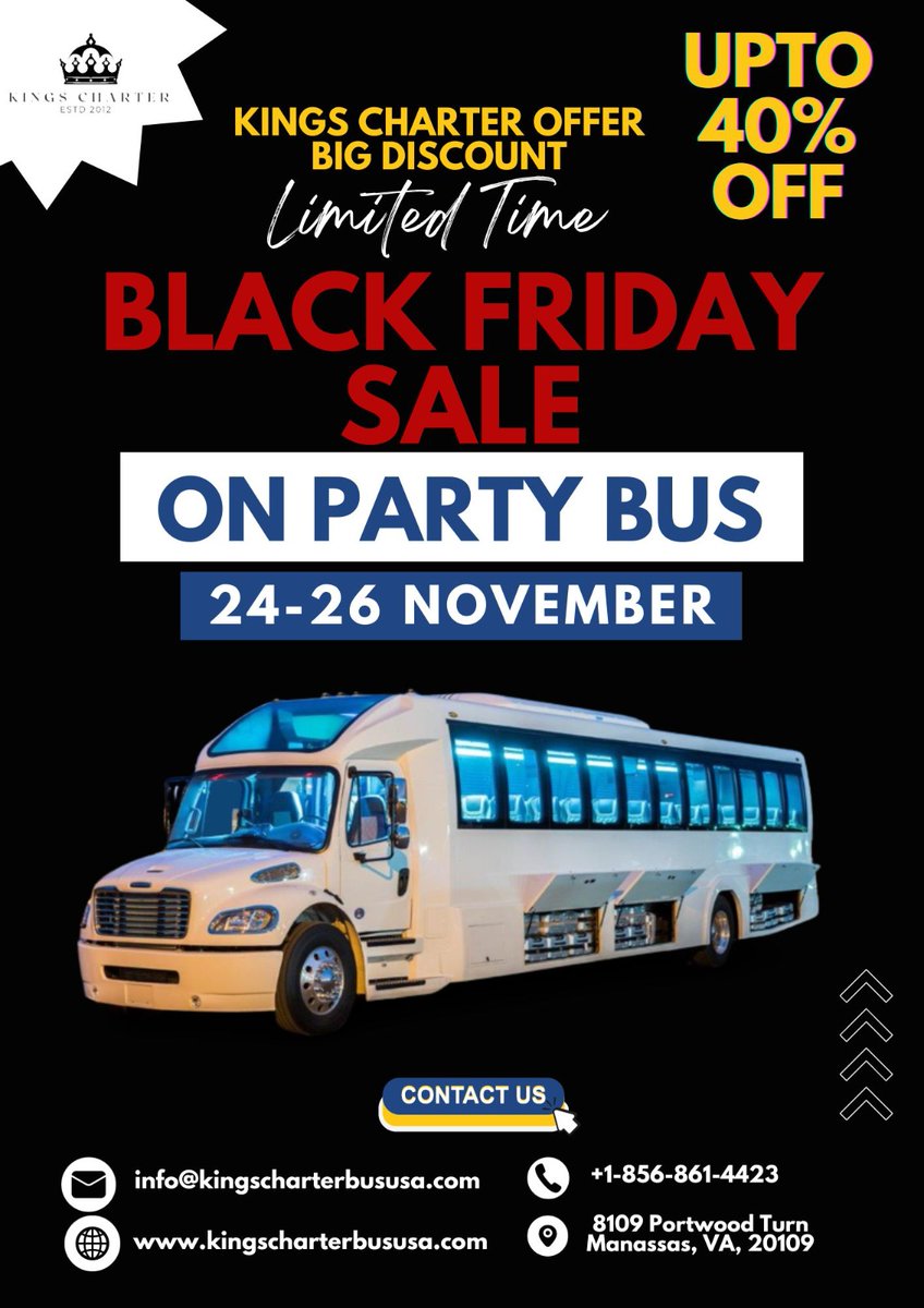 Get an incredible 40% discount on party bus rentals with Kings Charter Bus USA! Don't miss this limited-time offer!
𝐄𝐦𝐚𝐢𝐥 𝐮𝐬: info@kingscharterbususa.com
𝐂𝐚𝐥𝐥 𝐔𝐒: +1-856-861-4423
#charterbus #minibus #tourbus #CharterBusRental #tourbus #limoparty #limousine