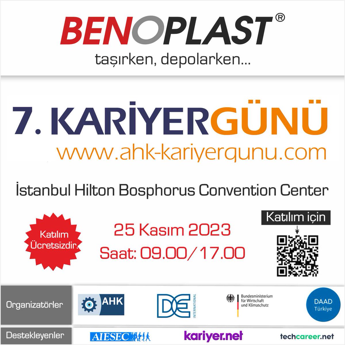 Benoplast olarak 25 Kasım 2023 tarihinde İstanbul Bosphorus Convention Center’de düzenlenen 7. AHK Kariyer Günü etkinliğinde olacağız. Kariyer fırsatlarımızı, staj imkânlarımızı, işe alım politikalarımızı ve yeni hizmetlerimizi görüşmek üzere sizleri standımıza bekliyoruz.