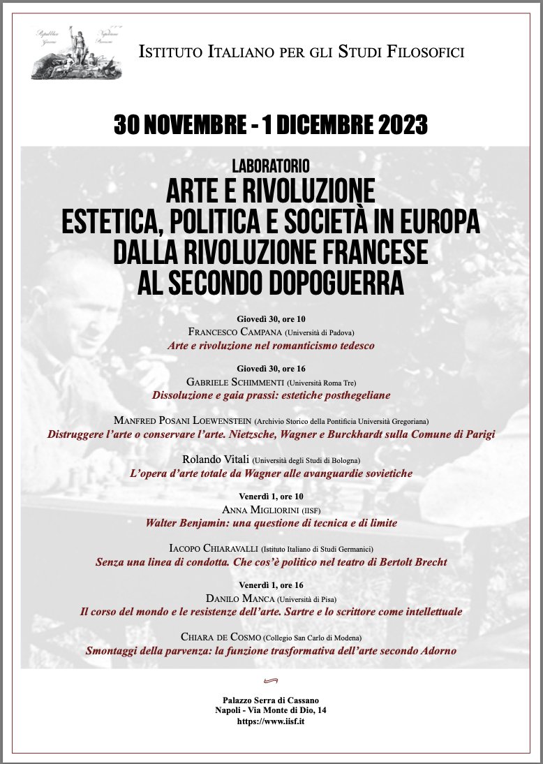 CONFERENCE: “ARTE E RIVOLUZIONE. ESTETICA, POLITICA E SOCIETÀ IN EUROPA DALLA RIVOLUZIONE FRANCESE AL SECONDO DOPOGUERRA” (IISF NAPOLI, 30 NOVEMBER – 1 DECEMBER 2023)
hegelpd.it/hegel/conferen…
<a href="/StudiGermanici/">Istituto Italiano di Studi Germanici</a> @IISFNapoli <a href="/HegelSocietyGB/">Hegel Society GB</a> <a href="/ForHegel/">Hegel For Hegelians</a> <a href="/hegelsocietyAU/">Australian Hegel Society</a> <a href="/ESHGL/">Hegel en perspectiva</a> <a href="/HEGEL250/">G.W.F HEGEL</a>