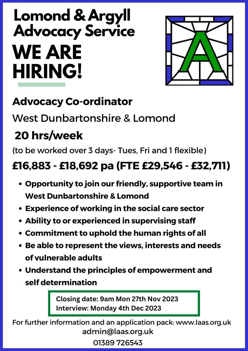 We have a vacancy in our West Dun & Lomond team - we are looking for a p/t coordinator (20hrs/wk) Closing date is Mon 27th at 9am!