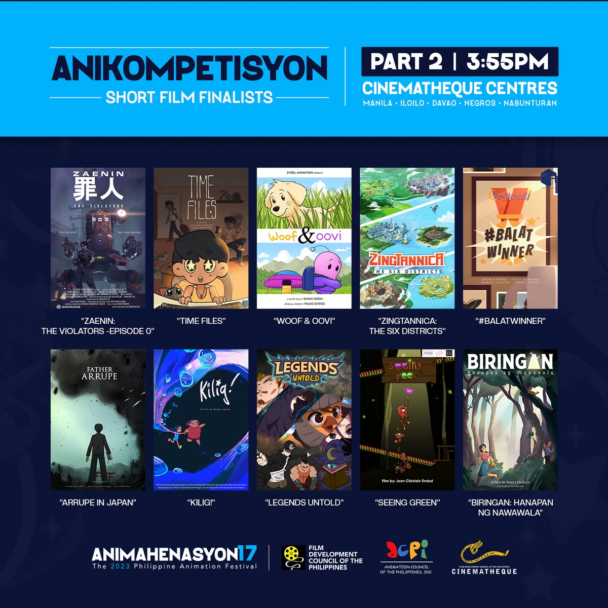 fdcpdavao's tweet photo. The lineup consists of twenty (20) short film finalists of AniKompetisyon, which serves as a platform for Filipino artists to showcase their talent and creativity through the art of animation. #FDCP #FDCPCinematheque #Animahenasyon2023 https://t.co/8ICawgOY2x