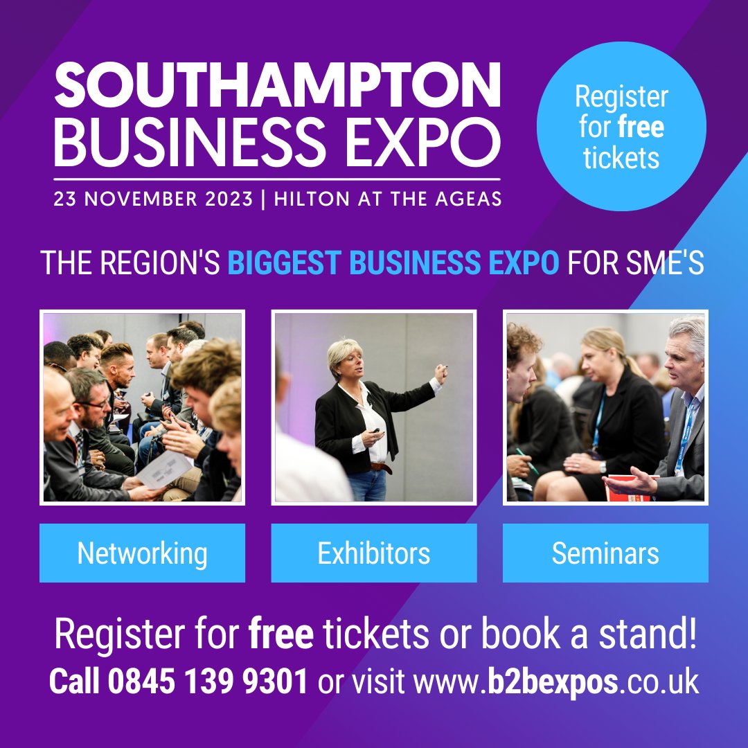 Register for #FREE visitor tickets for the Southampton Business Expo which takes place on Thursday 23rd November at Hilton Hotel at Ageas Bowl! Book now to secure your place: b2bexpos.co.uk/event/southamp… #SouthamptonExpo #Business #Networking