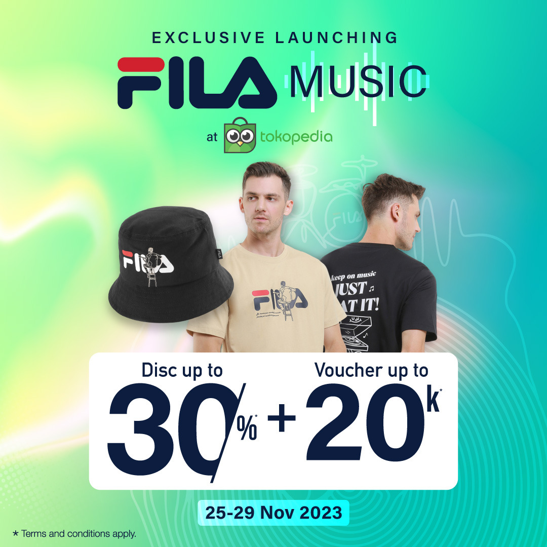 FILAIndonesia's tweet photo. "Hey there! FILA MUSIC EXCLUSIVE LAUNCHING at TOKOPEDIA.  Enjoy up to 30% discount on FILA MUSIC products! Plus, grab a voucher worth 20k. Keep the music vibe alive with Fila Music. Hurry, limited-time offer!" https://t.co/W4g6Bh4jKU