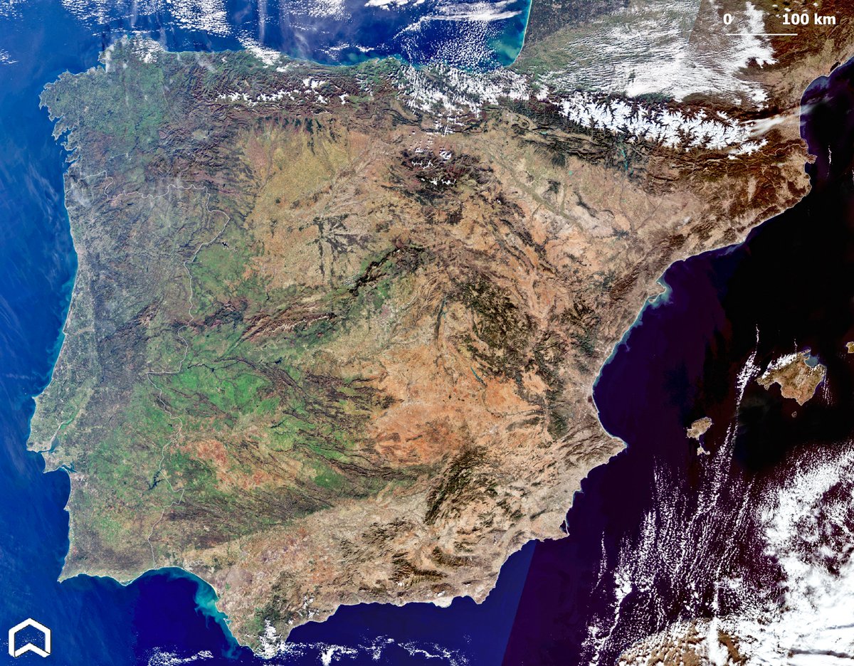 Awesome Iberian Peninsula almost cloudless. #Copernicus #Sentinel3 captured on nov. 23th shows the snow over #Pyrenees and spanish mountains and the autumnal colors of #Spain and #Portugal. #snow