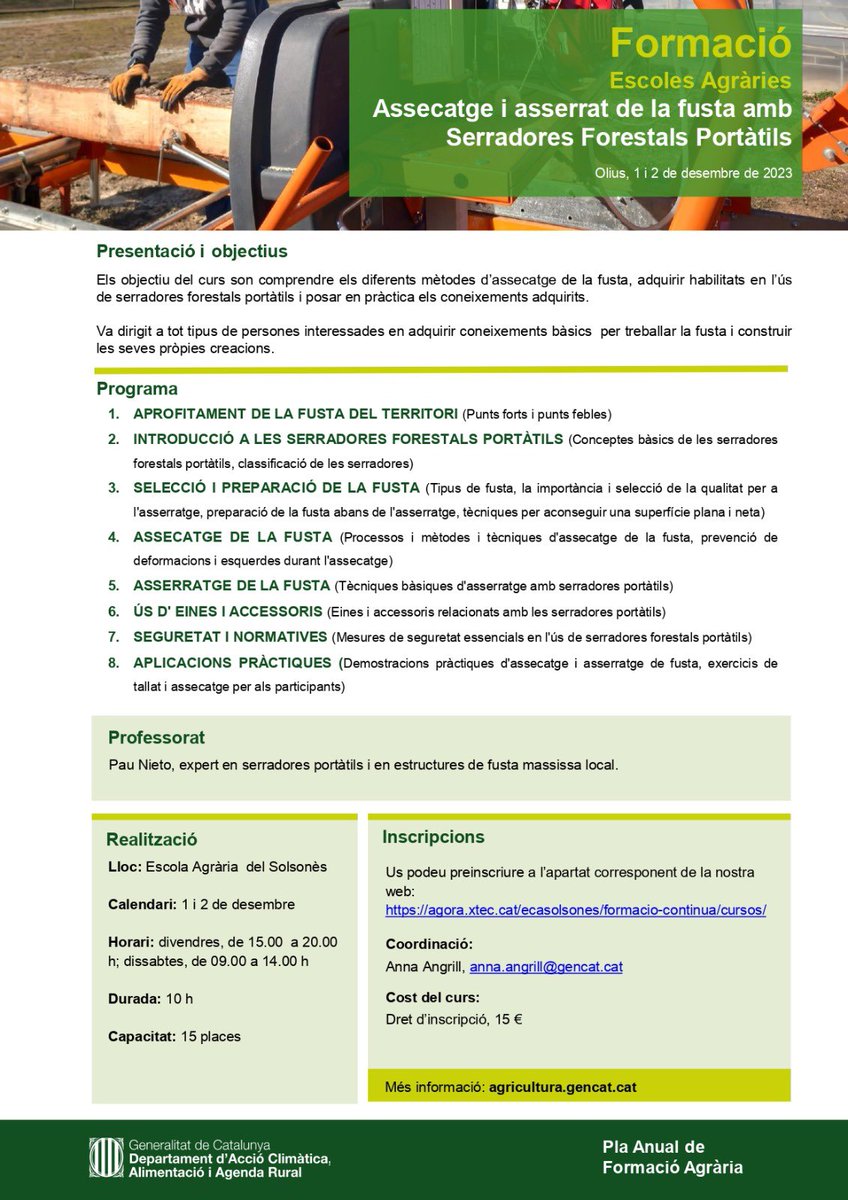 🪵 Recorda que a l’#EASolsonès encetem el desembre amb una segona edició del curs dedicat a ➡️ l’assecatge i l’asserrat de la fusta amb serradores portàtils! 

📅 01-02/12 
🕰️ De 15 a 20 h / de 09 a 14 h 
📝 Inscripcions: tuit.cat/ZRv5y

#SomFormacióEA #PATT2023