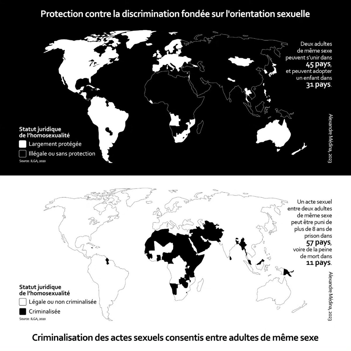 #30daymapchallenge JOUR 24 - 'Noir et blanc' 🏳️‍🌈 Tour du monde des lois sur l'orientation sexuelle. #Cartographie #Carte #Map #SIG #LGBT #LGBTQIA+ #ILGA #HumanRights