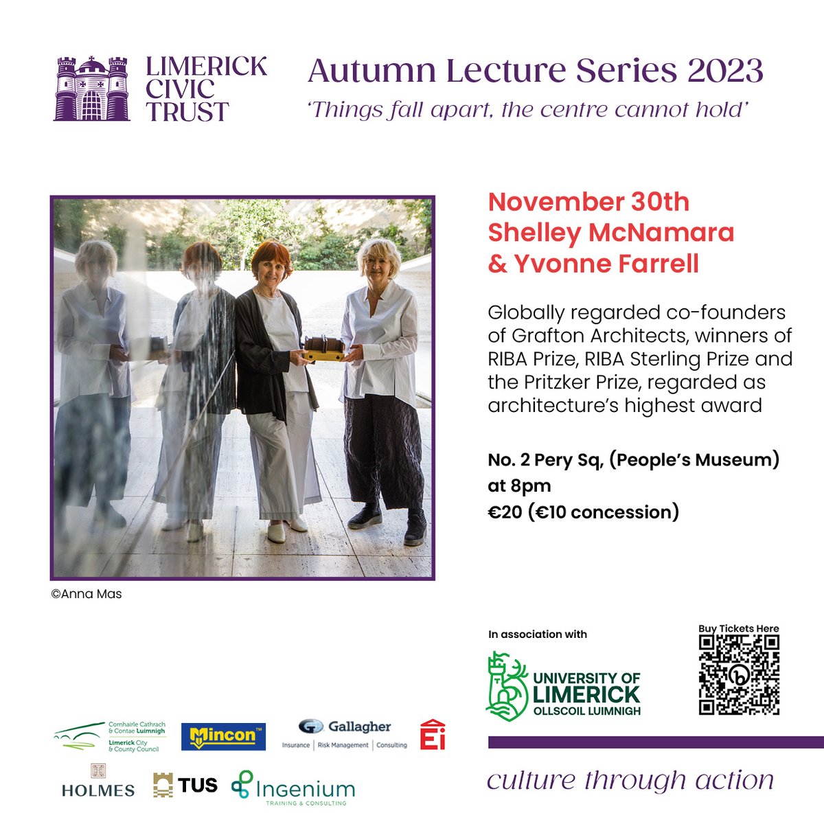 Thrilled to announce Shelley McNamara & Yvonne Farrell as part of our Autumn Lecture Series! 🗓️ November 30th, 8pm 📍 No. 2 Pery Sq (People’s Museum) 🎟️ Book Tickets: bit.ly/LCTLectureSeri… Don't miss this inspirational talk! Book your spot today. #AutumnLectureSeries