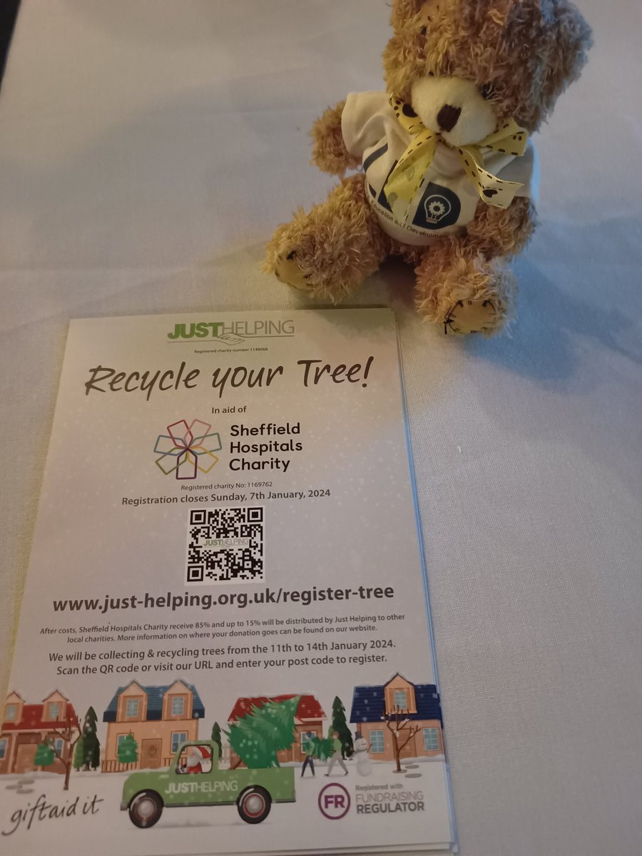 The Learning, Education and Development Teddy is really happy to be supporting the ‘Recycle your Christmas Tree’ to raise money for our fabulous Sheffield Hospitals Charity @SHCFundraising this year. For more details: shorturl.at/mAJMP