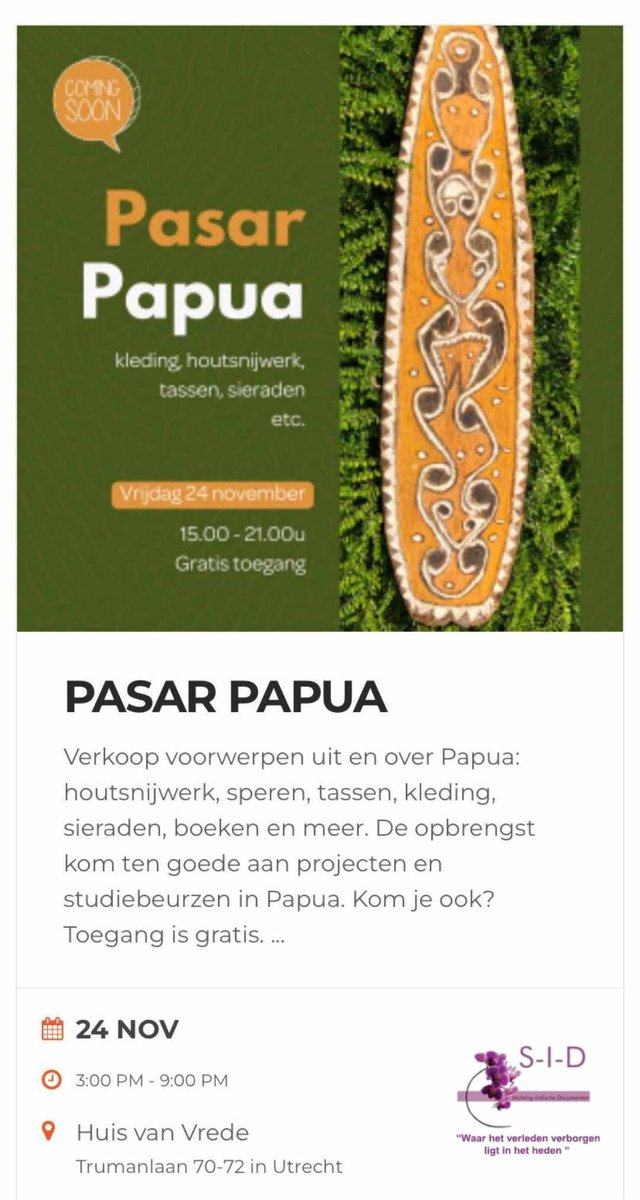 Selamat pagi semuanya. 
Het regent en regent maar u wilt toch even eruit ? 
Er is vandaag een Pasar Papua in Utrecht !!