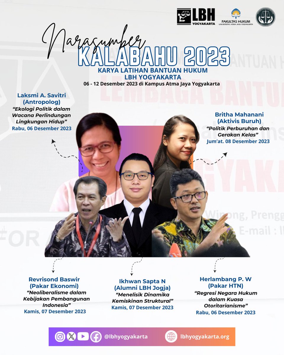 KALABAHU LBH YOGYAKARTA 2023 ‼️ Narasumber Kalabahu 2023‼️ Tema - _Perkuat Gerakan Bantuan Hukum Struktural: Galang Persatuan Rakyat, Lawan Legalisme Otokrasi_ __________ Follow Us - Instagram: @lbhyogyakarta - Facebook: LBH Yogyakarta - Website: lbhyogyakarta.org