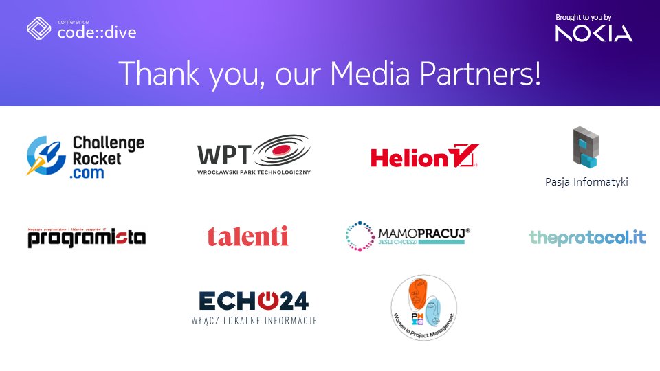 code_dive_pl's tweet photo. 🎉 A big shoutout and heartfelt thanks to our 10 exceptional media partners for the 10th edition of code::dive! 🌐✨

Your support has been instrumental in making this event a resounding success. 🚀

#codedive #MediaPartners #ITconference https://t.co/UxsXU4X7CP