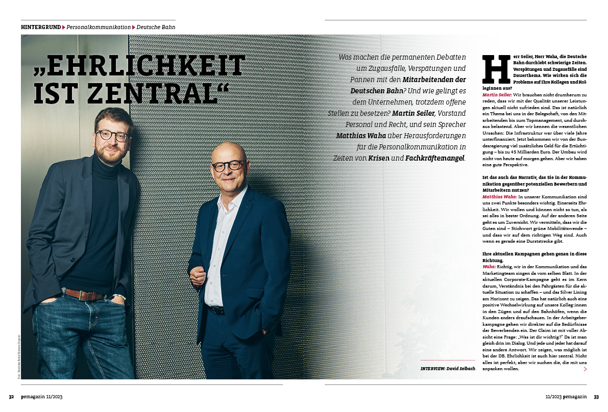 "Ehrlichkeit ist zentral": Im neuen prmagazin sprechen Deutsche-Bahn-Personalvorstand Martin Seiler und sein Sprecher Matthias Waha über #Personalkommunikation in Krisenzeiten.
👉 Zum Anlesen: prmagazin.de/ehrlichkeit-is…