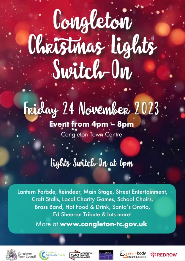CongletonTown's tweet photo. It's almost Christmas! Santa's Grotto in the Cygnet Club (Swan Bank), stalls in the Town Hall &amp; through the town. Lantern parade leaves Cross Street at 5.35pm to lead Santa to the main stage for the big Switch-On at 6pm. Meet the Reindeer, live music, entertainment &amp; much more https://t.co/m6Oe0Pl4cE