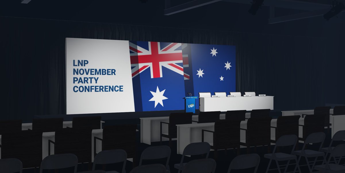 LnpRblx's tweet photo. The stage is set for our 11th Party Conference tomorrow.

Join us at 5pm AEDT tomorrow at the LNP Conference Centre as we begin the parliamentary term and a new era for Australia! https://t.co/npUODUxaH3