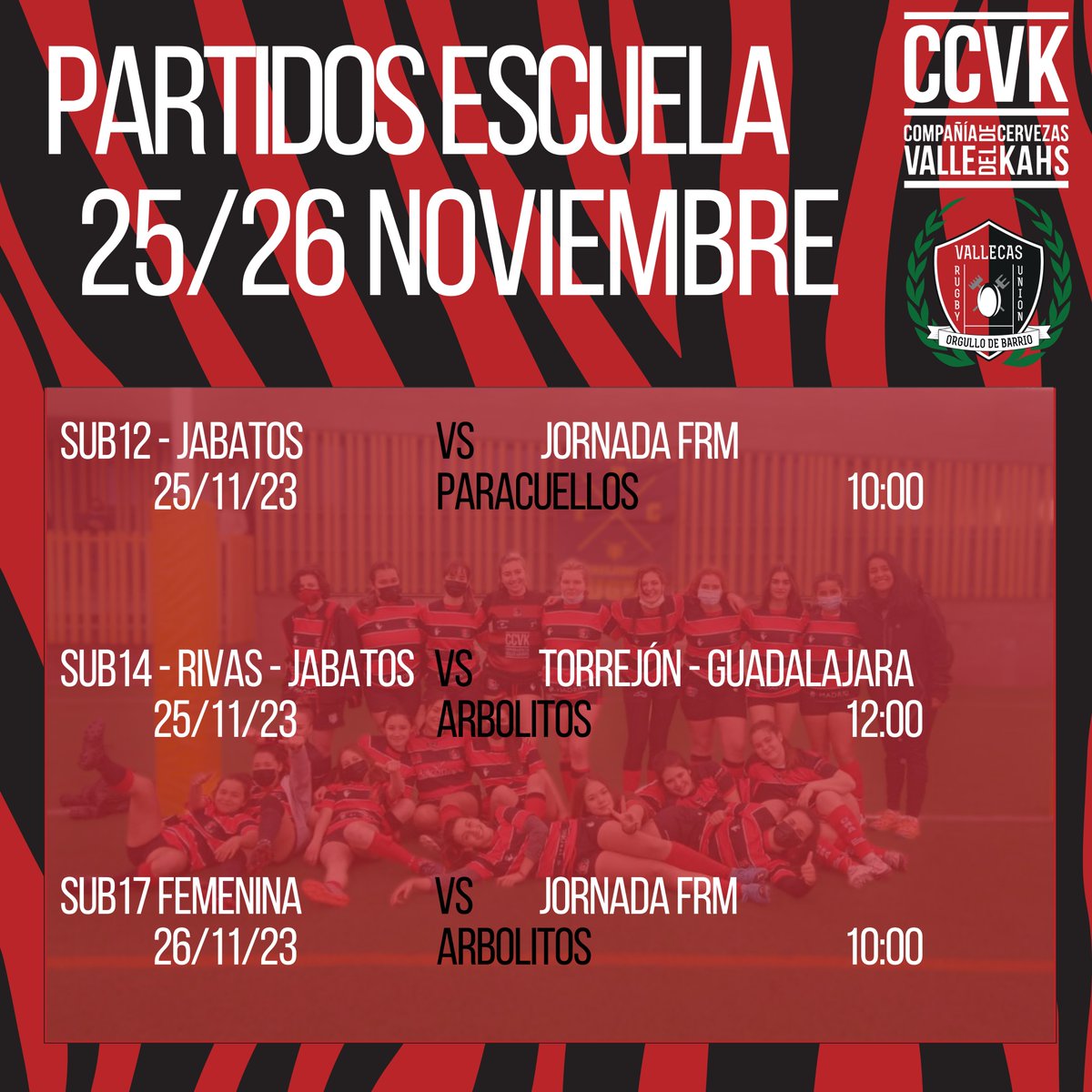 VallecasRU's tweet photo. ¡Empezamos el finde con la escuela más #VRUtal !

❤️ SUB12 junto @JabatosRugby - Jornada @RugbyMadrid 
🏟️ Paracuellos
📆 S25 a las 10:00

🖤 SUB14 junto @jabatosrugby @atleticoRivas  vs @rugbytorrejo @guadarugby 
🏟️ Arbolitos 🌳🌲
📆 S25 a las 12:00 https://t.co/Y0eXkYZyA4