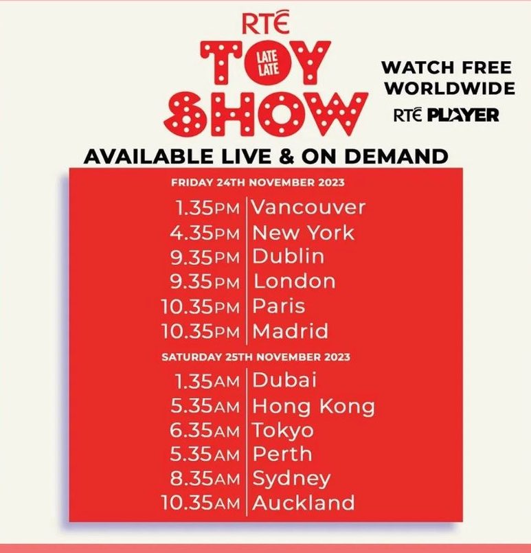 MoCatterson's tweet photo. Some positive news - the #LateLateToyShow is on tonight. Here’s the times your family and friends can watch it around the world.  Best of luck @PatricKielty 🎄🥁 🐻 🎅🏼 🧑🏼‍🎄 https://t.co/QZiYf0BRqe