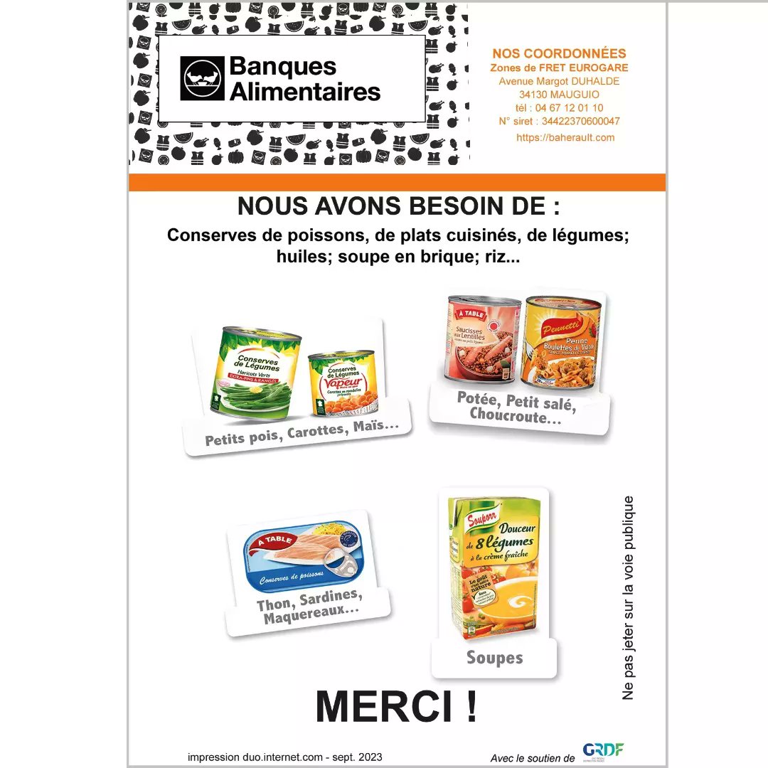 BanqueAlim34's tweet photo. Voici le Flyer distribué en magasin
avec la liste des produits dont nous avons besoin :
🔸Conserves de légumes🥕
🔸Conserves de plats cuisinés 🍲
🔸Conserves de poissons 🐟
🔸Soupes🍵
Merci 🧡
@BanquesAlim #banquealimentaireherault
#collectenationale #HERAULT
#JeFaisMaBA https://t.co/fhGWNeITP4