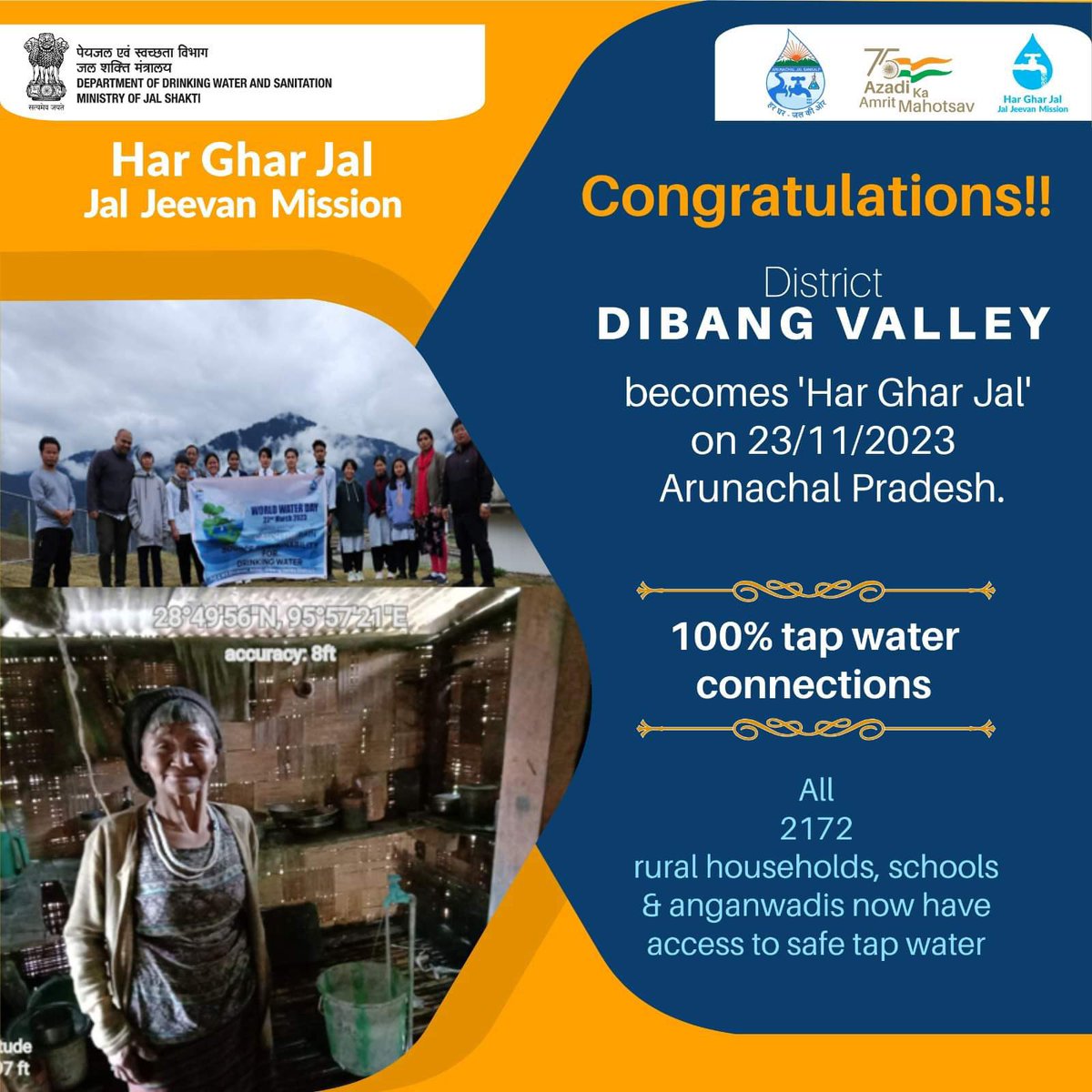 The dynamic leadership of Hon PM Shri @narendramodi Ji is ensuring safe, clean water to every household under Jal Jeevan Mission. In yet another achievement, all houses in Dibang Valley district have been provided with tap water connections. This is a great accomplishment for…