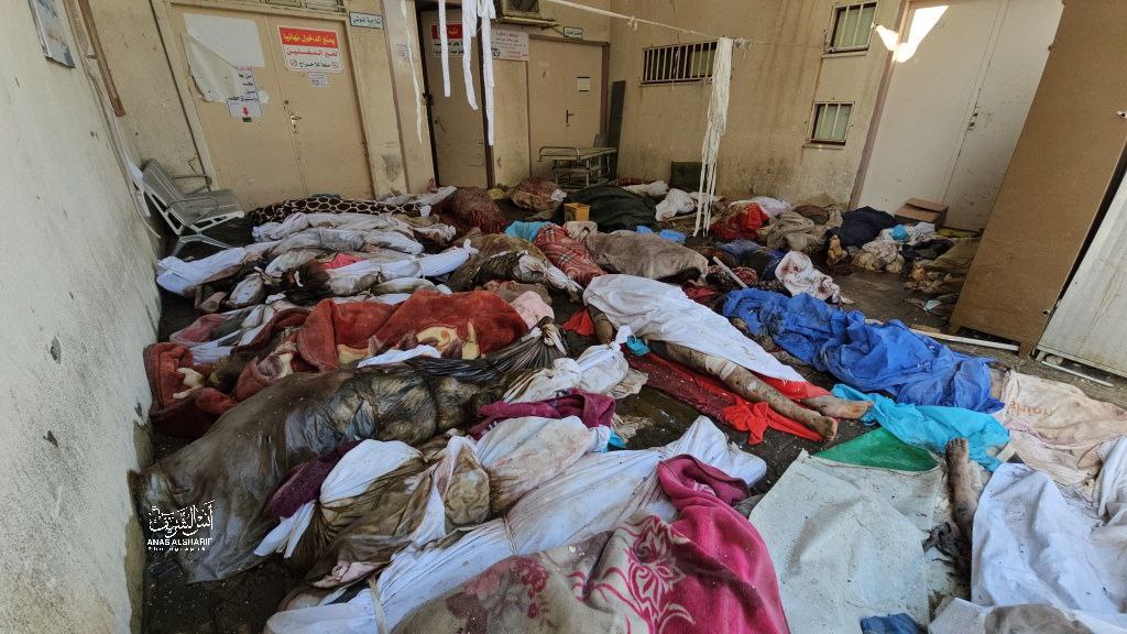 The bodies of Palestinian have been massacred in the Indonesian Hospital in northern Gaza after the siege imposed by the Isreali occupation army for several days, followed by its invasion and bombardment. #GazaGenocides #16thOctoberGroup