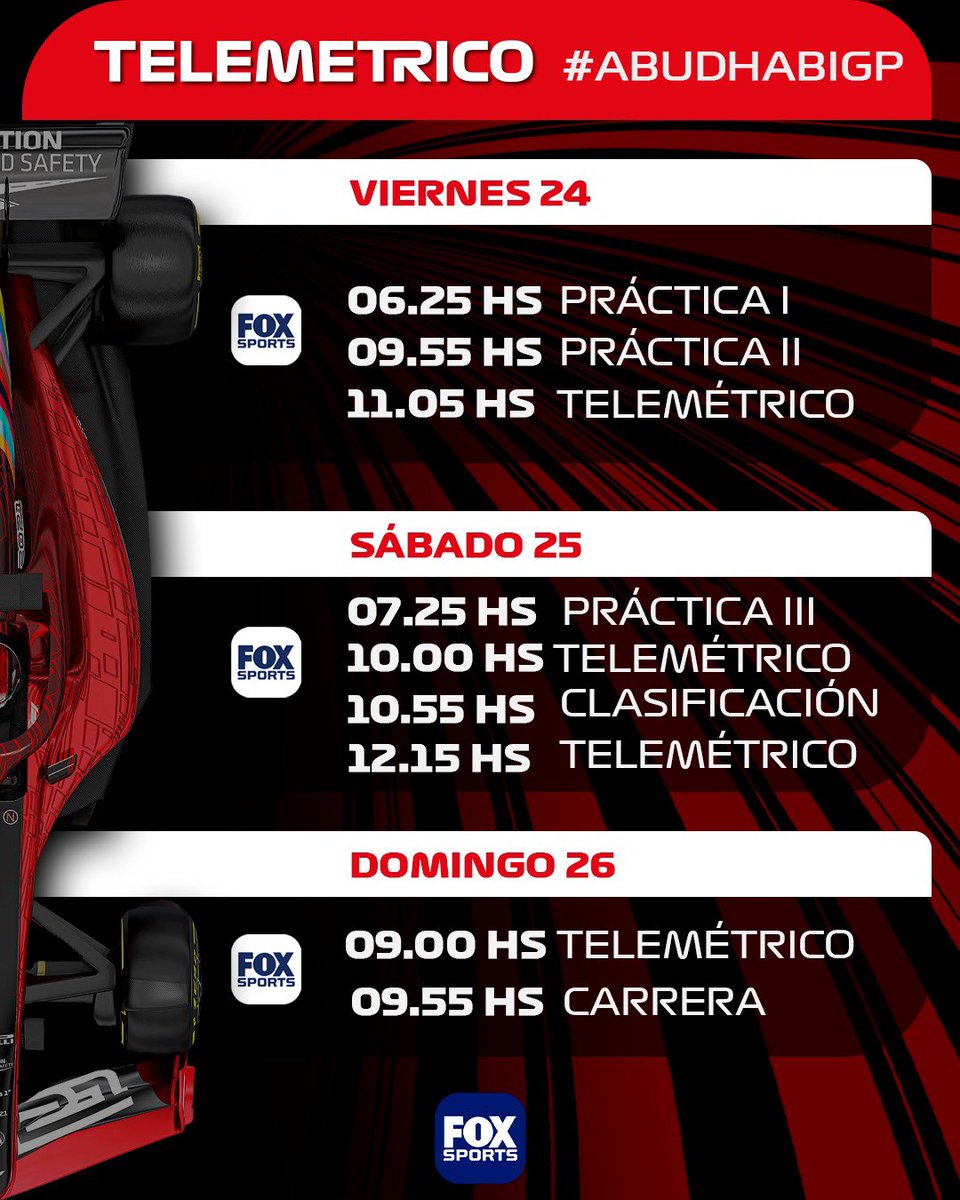 TelemetricoF1's tweet photo. ⚠️ TELEMÉTRICOS! 
Llegó la última carrera del año! 🏎️

EL GRAN PREMIO DE ABU DHABI

Horarios 🇦🇷 #AbuDhabiGP para disfrutar de #TelemetricoF1 por @FOXSportsArg 🏁

@TelemetricoF1 @puenteadrian @aagulla_TV @f1andersen @ymcofficial 

#FoxSportsArgentina #Formula1 #F1 #F1xFoxSports https://t.co/xgvqsYA7mN