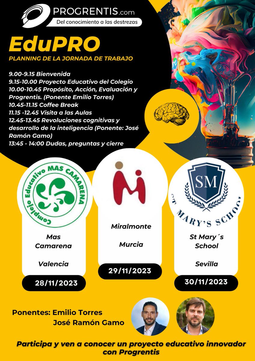 Gira EduPro 🇪🇸. 
Vente y conoce proyectos educativos innovadores en nuestra gira del Pensamiento.
📍martes 28 en el Col. Mas Camarena  de Valencia.
📍miércoles 29 en el Col. Miralmonte  de Murcia.
📍jueves 30 en el St Mary's School Sevilla 
Reflexiones, aulas y Progrentis