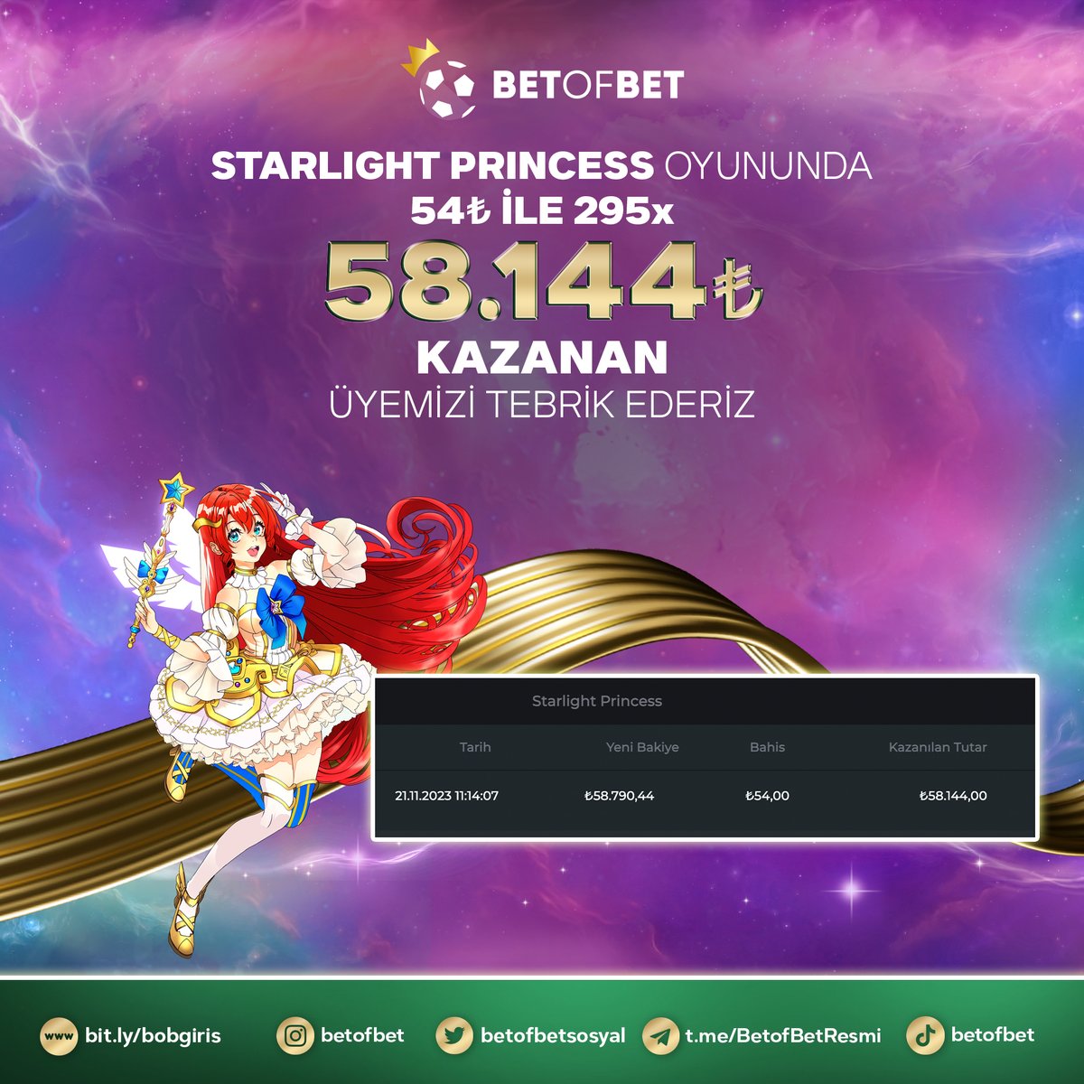 ⭐️Starlight princess oyununda 295x ile 54₺ karşılığında 58.144₺ kazanan üyemizi tebrik ederiz!

👑Kazanmak isteyenlerin adresi BetofBet'e sizi de bekliyoruz!

🎥Oyun tekrarı : replay.pragmaticplay.net/H0v2azNErT

✅Güncel adresimiz: bit.ly/bobgiris