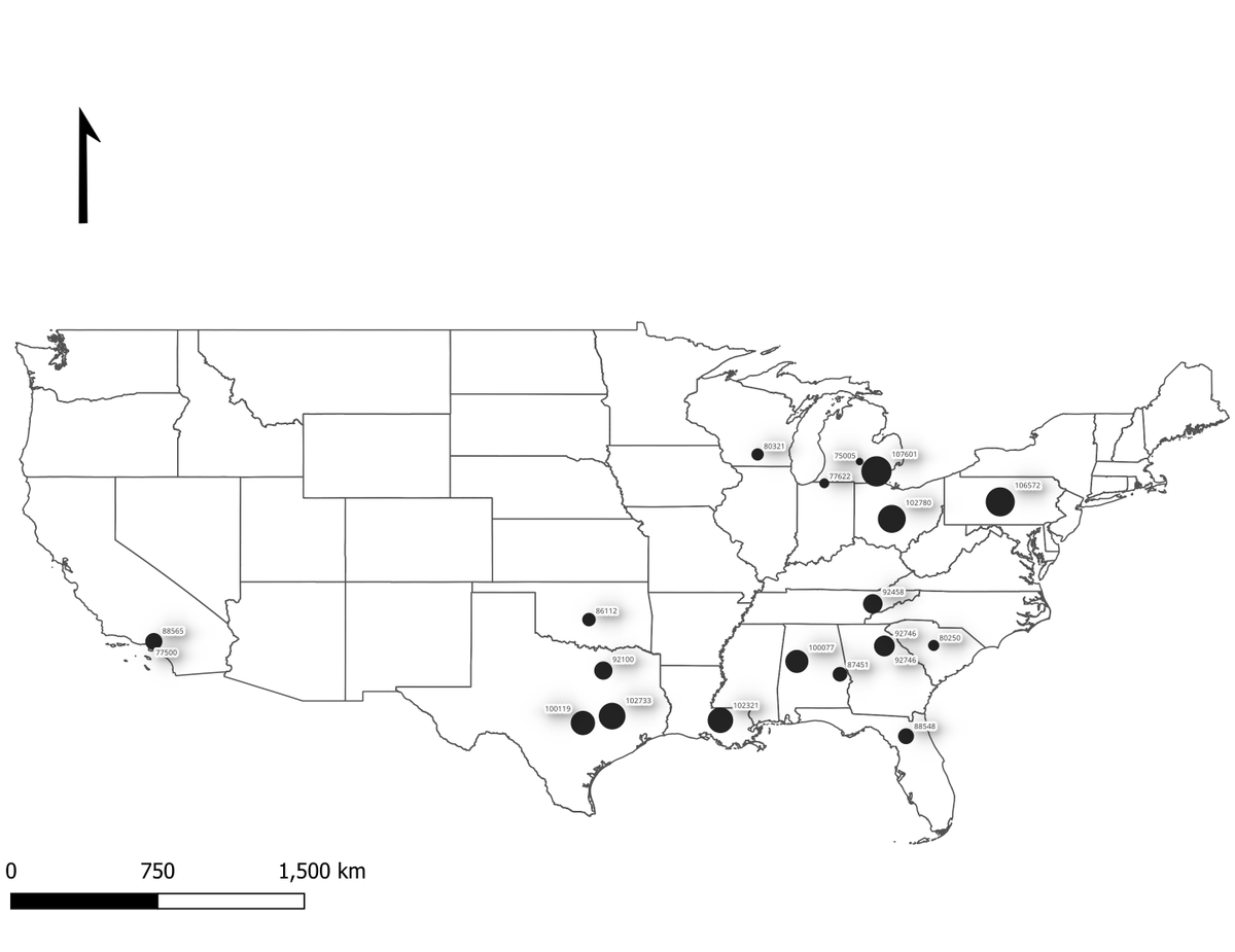 🗺️ #30DayMapChallenge 🌍
Day 24: Black and White 
<a href="/AkosBalog1/">Ákos Balog</a> brings you a monochromatic spectacle! Behold, a black and white map ⚫️⚪️ unveiling the grandeur of the 20 Largest Stadiums 🏟️ in the USA