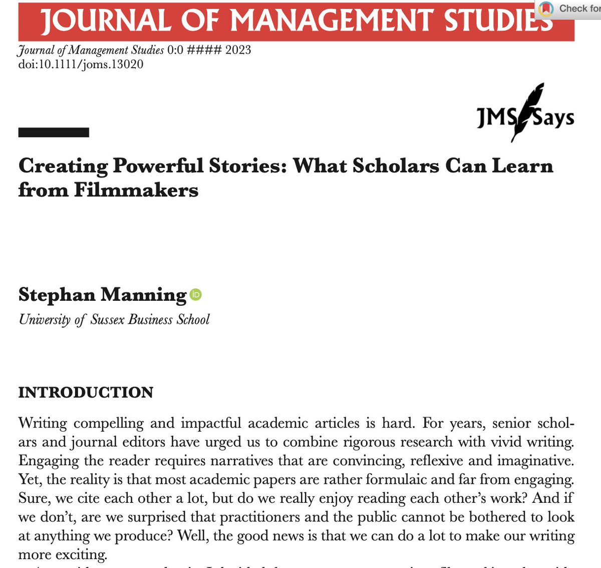 What is the story really really about? 'Creating Power Stories: What Scholars Can Learn from Filmmakers' 📽️ (👉🏾 onlinelibrary.wiley.com/doi/full/10.11…) by Stephan Manning (University of Sussex) in @JMS_Journal Says. Great insights on #storytelling techniques for academic articles 🗣️