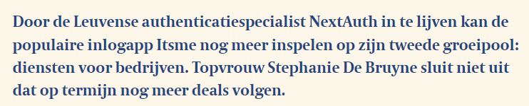 <a href="/DoccleBE/">Doccle</a> &amp; <a href="/itsmeDigitalID/">itsmeDigitalID</a> are arguably the most successful multi-stakeholder corporate ventures in BE. Both, with big ambitions in NL, are on a remarkable growth trajectory

Notably <a href="/Telenet/">Telenet</a> is shareholder in both, highlighting their savvy CV strategy.

Keep rolling!