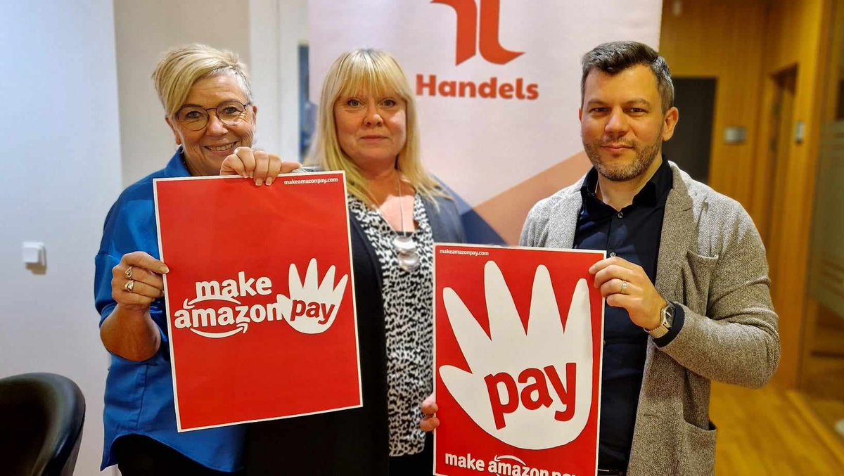 handelsfacket's tweet photo. Idag på Make Amazon Pay-day står Handels i solidaritet med alla de arbetare som strejkar världen över för bättre villkor, högre lön och kollektivavtal på Amazon - Make Amazon pay! #MakeAmazonPay @uniglobalunion https://t.co/w1AA2fQRVo